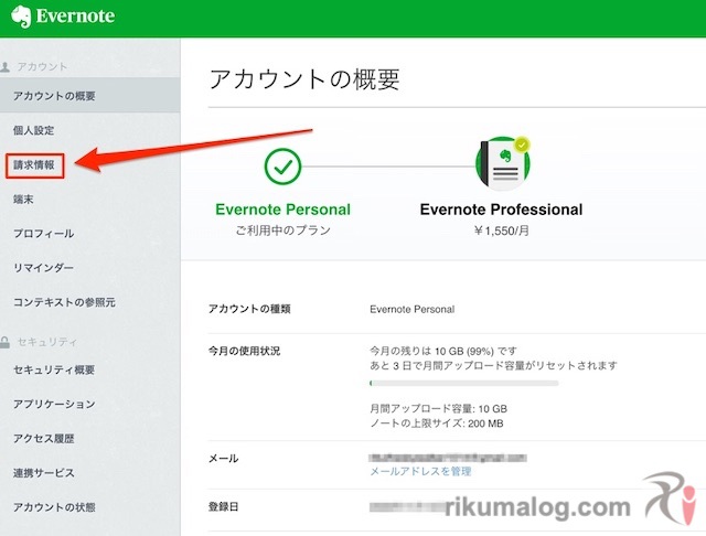 Evernote、Web版ページ