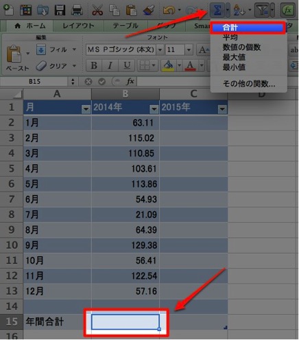 B15セルに数式をセットする